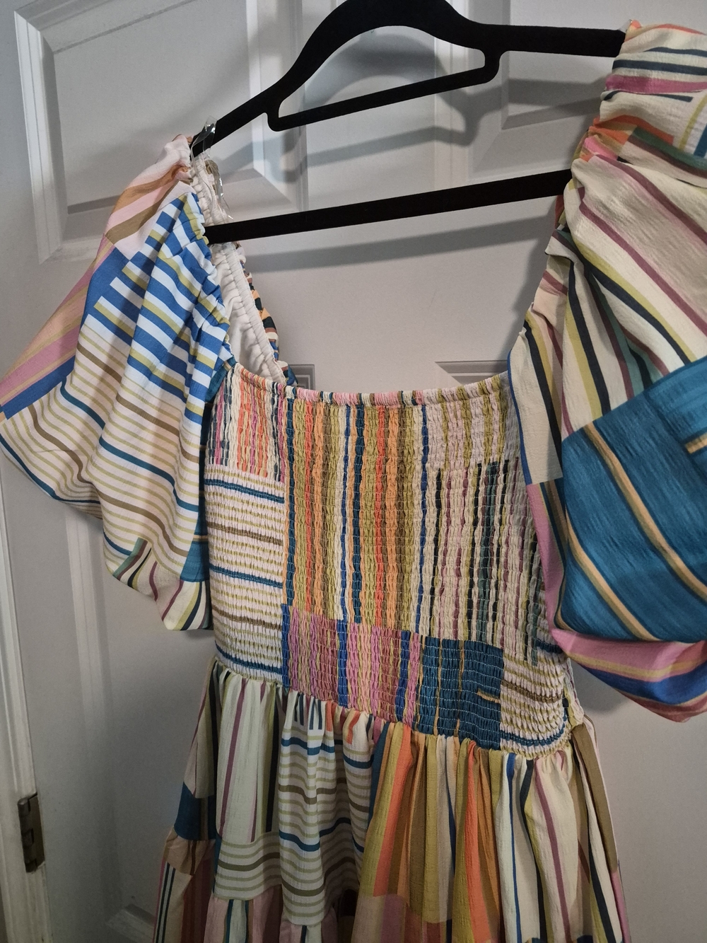 Entro Striped Puffy Sleeves Mini Dress Feminine Beach Multicolor- Small - Picture 6 of 6
